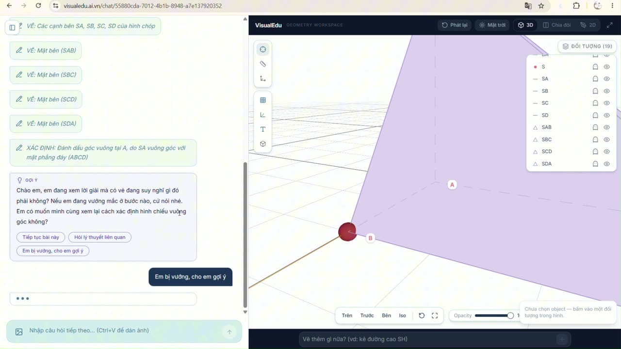 Giao diện VisualEdu: khung chat gia sư AI bên trái và hình chóp 3D xoay được bên phải